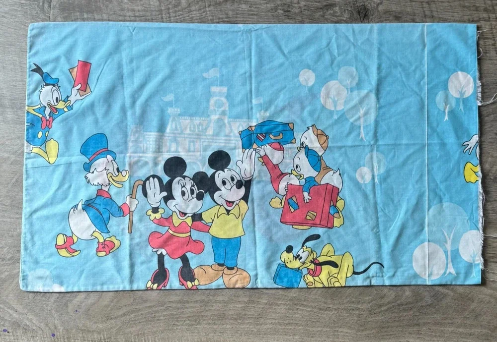 Vintage Disney 70s Mickey Mouse Frontierland Blue Pillowcase Knight Princess